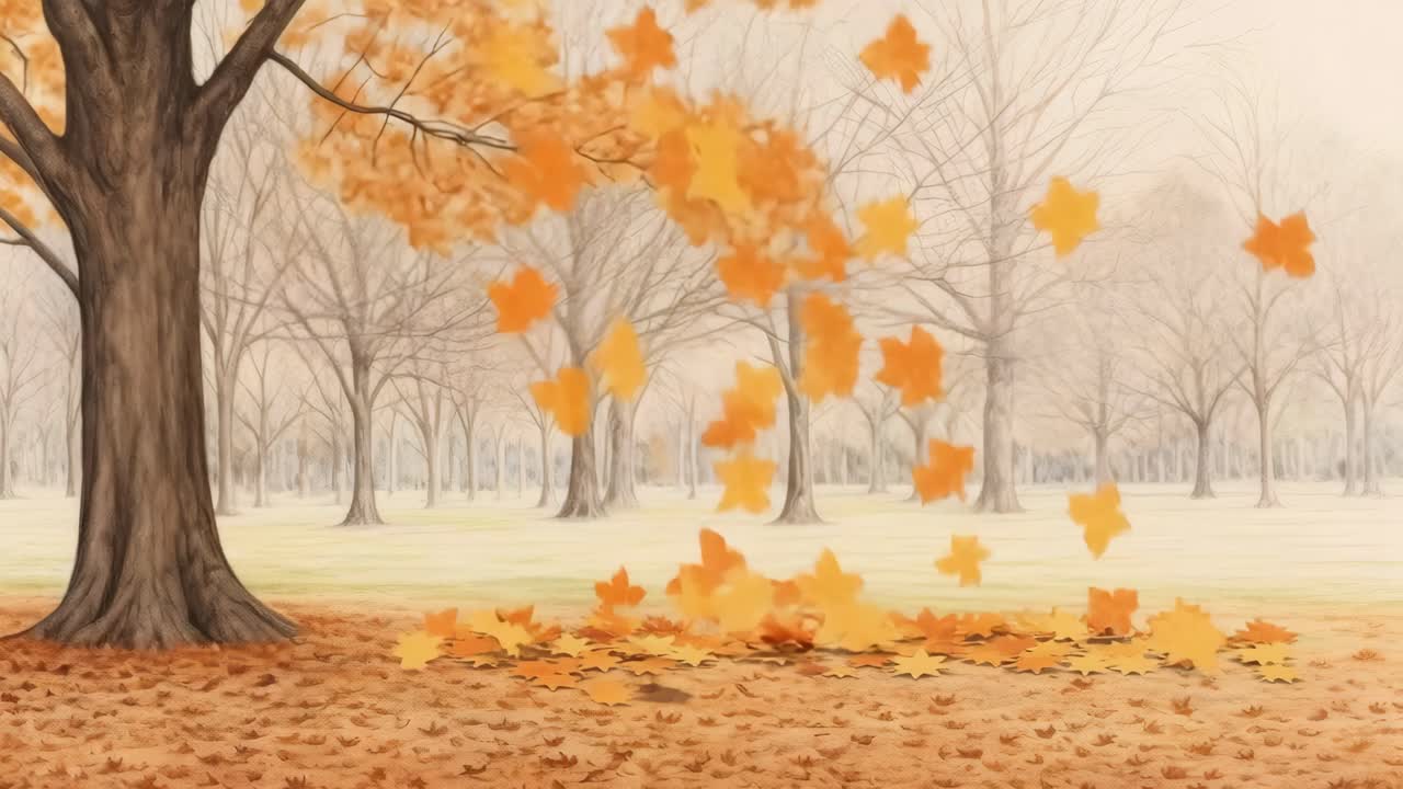 A serene autumn forest scene with fallen leaves, captured from a low-angle