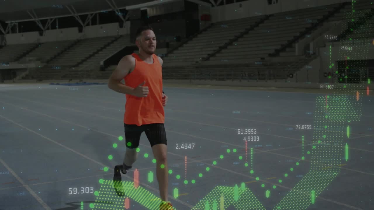 Atleta masculino corriendo con una prótesis de cuchilla, con gráficos de velas que se desvanecen mapeando el rendimiento en tecnología.