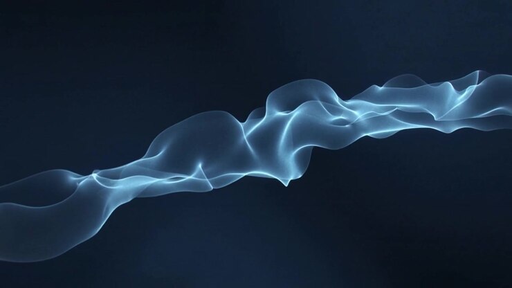 Nastro traslucido in movimento che scorre su una sfumatura blu navy all'inizio dell'animazione, mostrando nodi luminosi.