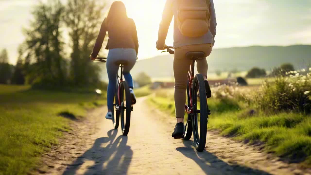 To personer cykler på en solbeskinnet sti, filmet fra en lav vinkel. Videostilen fremkalder en følelse