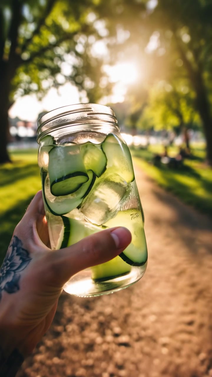 Vista in prima persona di una mano tatuata che solleva un barattolo di vetro pieno di ghiaccio, acqua e nastri di cetriolo verso la fotocamera su un sentiero del parco, con fogliame morbido, luce calda e un'atmosfera rilassata all'aperto