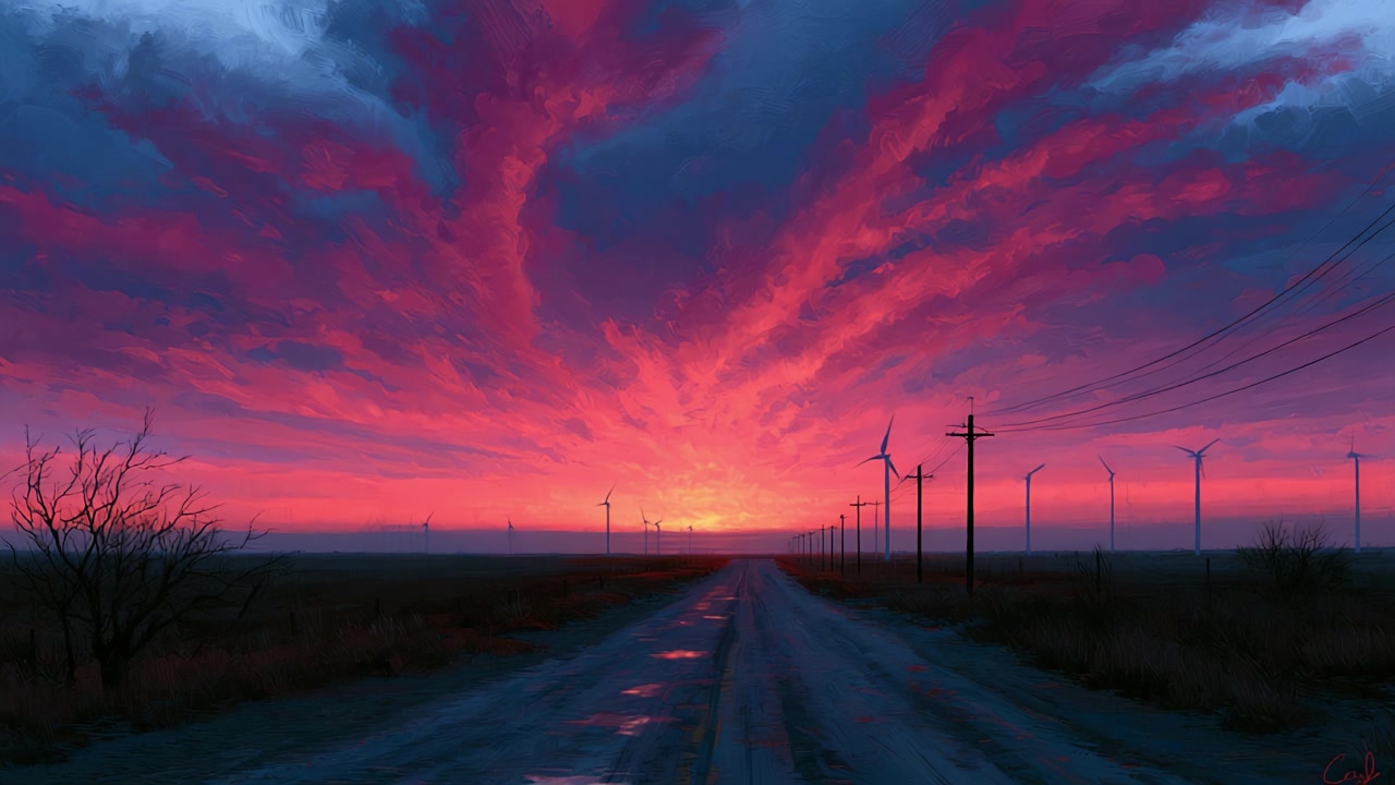 Un tramonto sereno su un sentiero rurale, illuminato da colori vivaci e turbine eoliche stagliate contro un cielo drammatico, creando un'atmosfera tranquilla di bellezza naturale