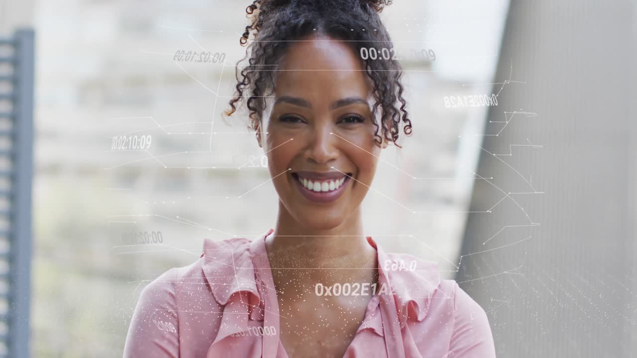 Animation of icons and data processing over biracial businesswoman in office