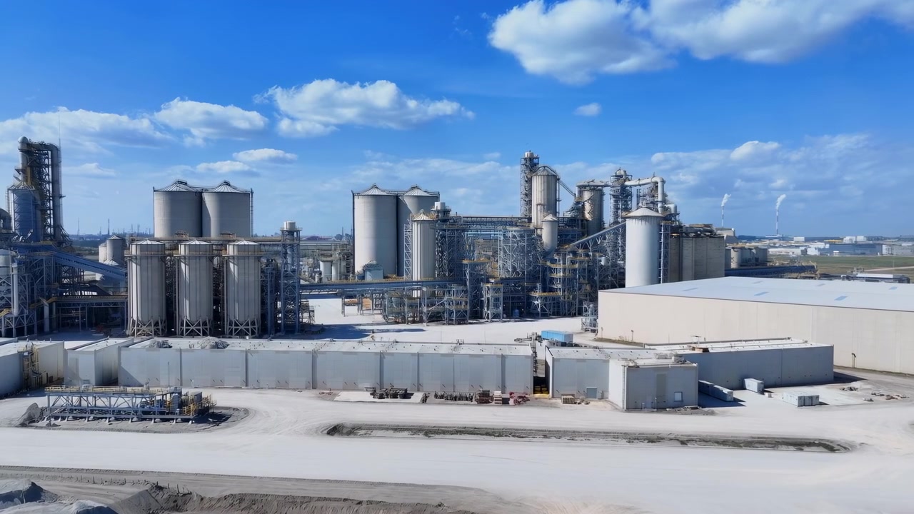 Wide daytime view shows dense industrial infrastructure with cylindrical storage vessels, elevated piping, steel frameworks, and low buildings under scattered white clouds.