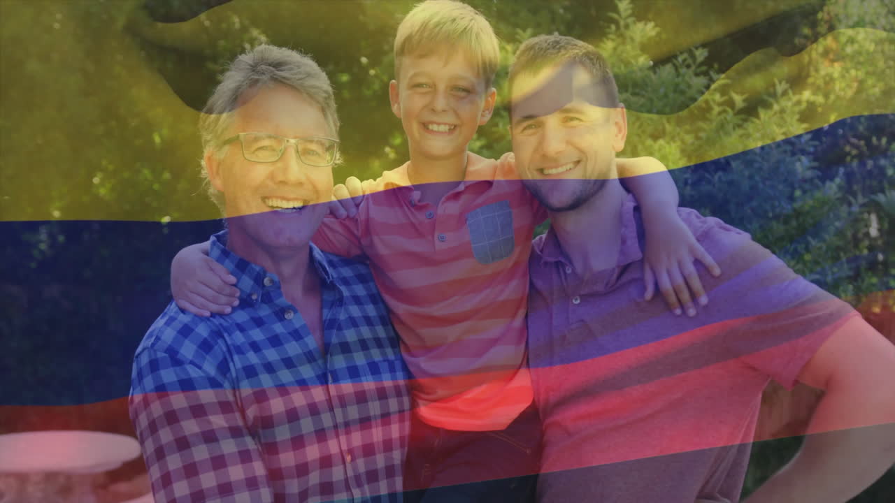 animación de la bandera de colombia sobre la feliz familia caucásica