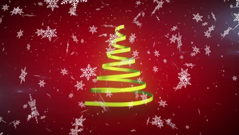 Animation-of-christmas-tree-formed-with-yellow-ribbon-and-snow-falling