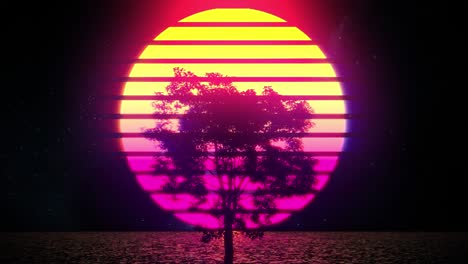 tree silhouette against large pink and yellow moon, night sea, retro wave