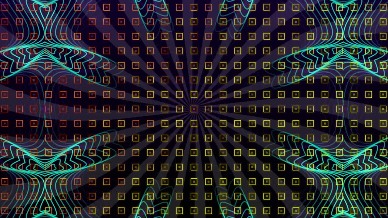animación de puntos en cuadrados sobre un patrón en espiral contra un fondo abstracto