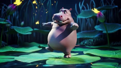 a playful hippo dances joyfully on lily pads under a magical night sky filled with glowing fireflies, capturing the essence of fun and whimsy in a vibrant setting