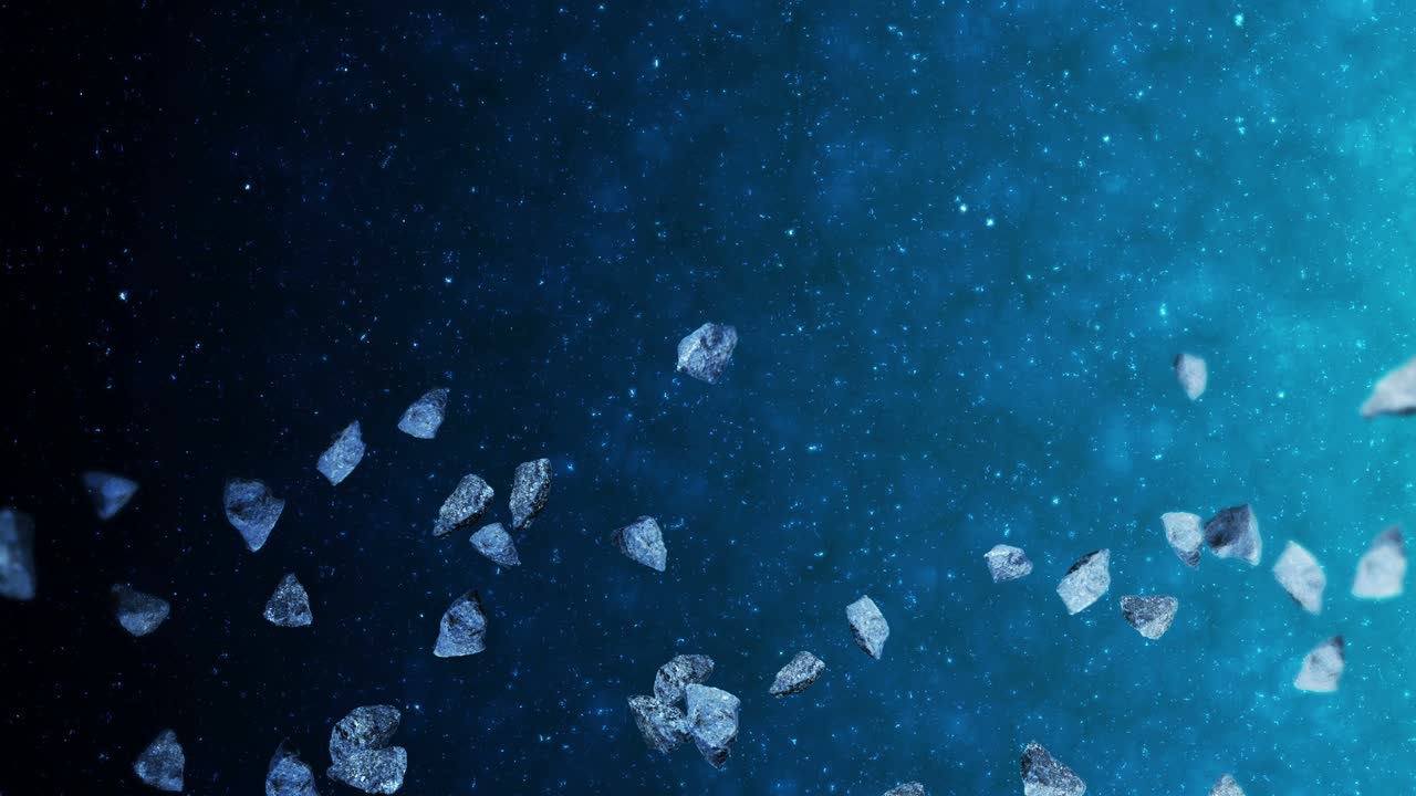 깊은 우주 배경에서 많은 소행성을 날아. 깨진 스플래시 폭발. 별빛 하늘. 돌고 있는 운석의 3d 애니메이션. 루프 애니메이션.