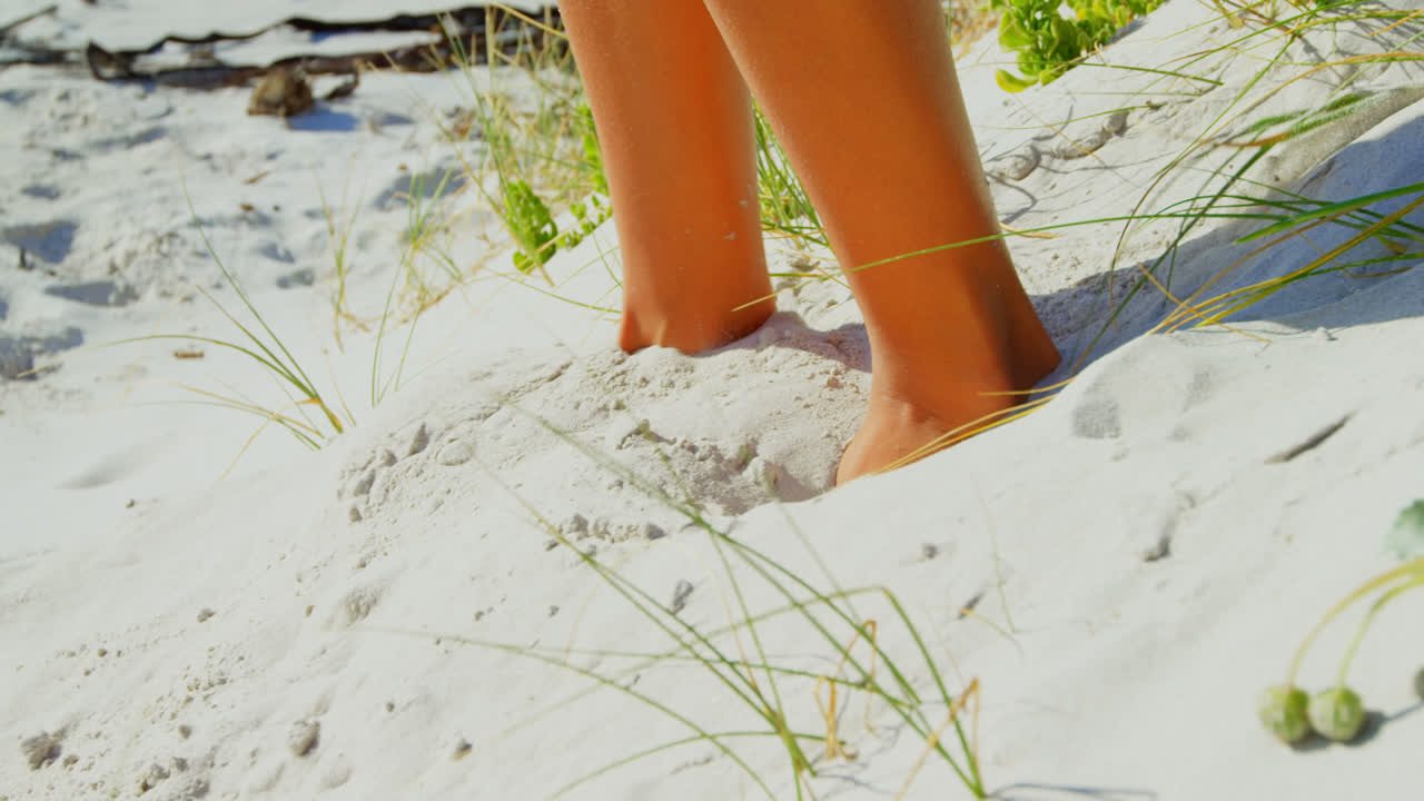 해변 4k에 모래를 통해  ⁇ 는 여성의 낮은 섹션