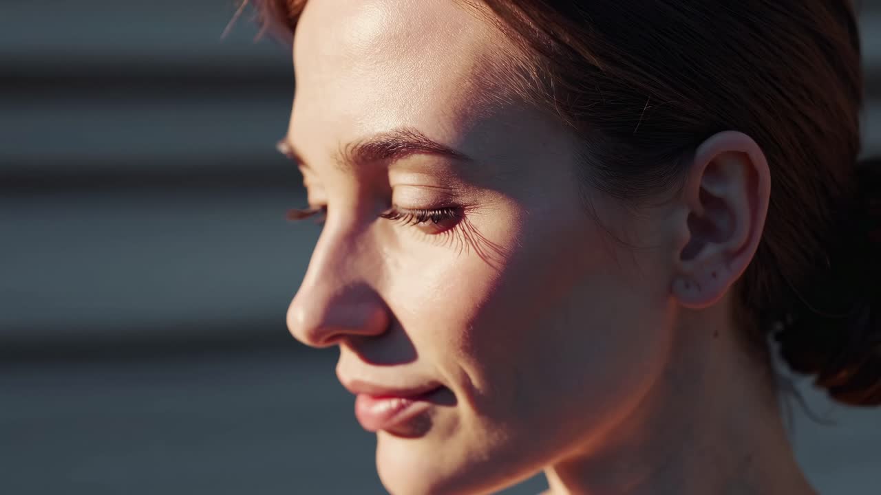 Close-up profile of a woman in soft sunlight, highlighting her serene expression
