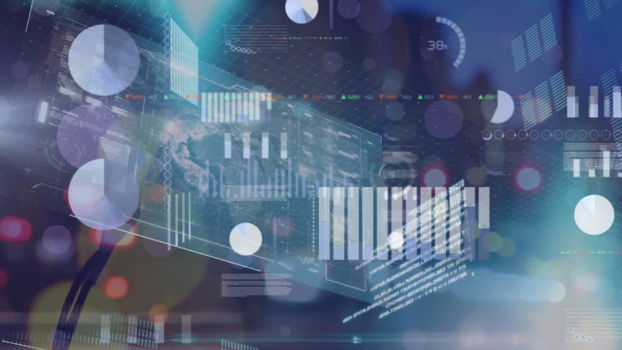 Animation of diverse data and graphs processing over blurred night road traffic