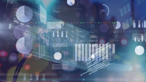 animation of diverse data and graphs processing over blurred night road traffic