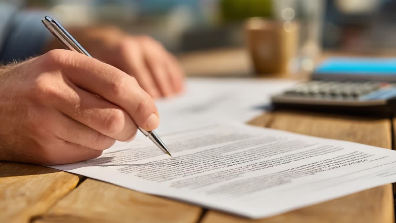 A Close-Up of a Hand Writing and Signing Documents on a Wooden Table with a Calculator, Glass of Water, and Coffee Mug in the Background