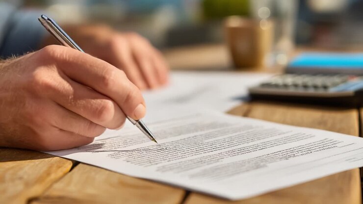 A Close-Up of a Hand Writing and Signing Documents on a Wooden Table with a Calculator, Glass of Water, and Coffee Mug in the Background