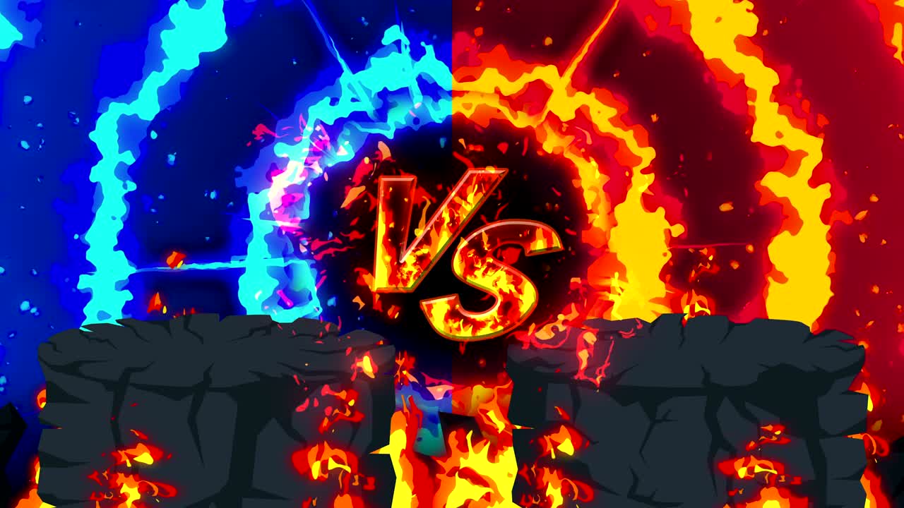 만화 화재 애니메이션. 불꽃 루프 배경. 경쟁. 전투 게임. 아이콘에 대항. 아이콘과 대결.