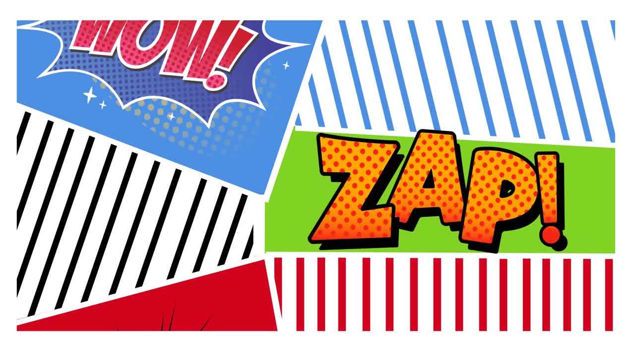 animación de textos cómicos en movimiento y líneas sobre fondo blanco