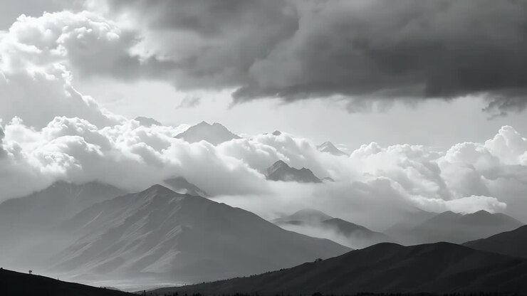 Black and White Mountain Landscape with Dramatic Clouds