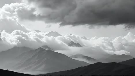 black and white mountain landscape with dramatic clouds