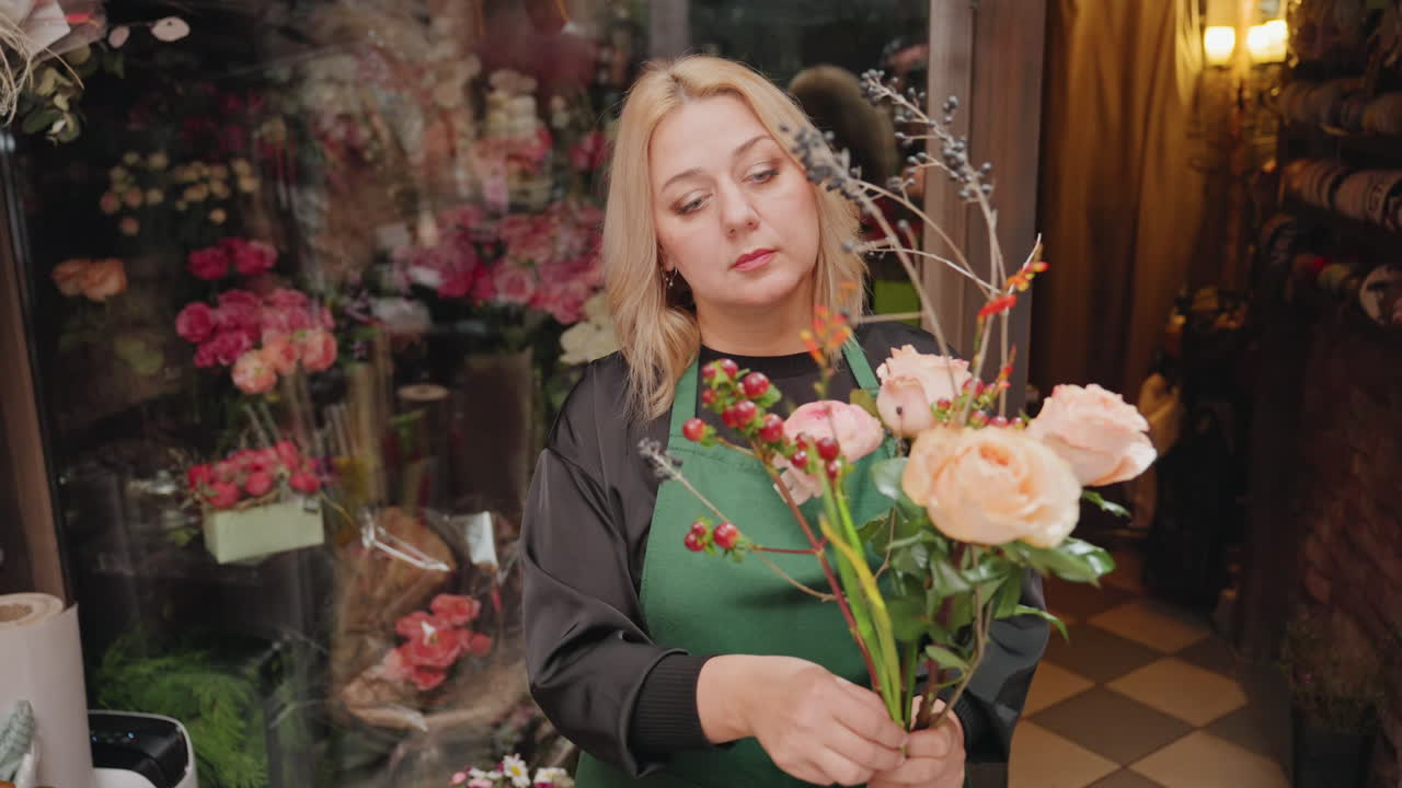 Fiorista caucasica che sistema rose color pesca in un accogliente negozio vintage, sovrapponendo con cura steli, bacche e rametti in un romantico bouquet legato a mano, con luce calda e soffusa, mani concentrate e un'atmosfera artigianale.