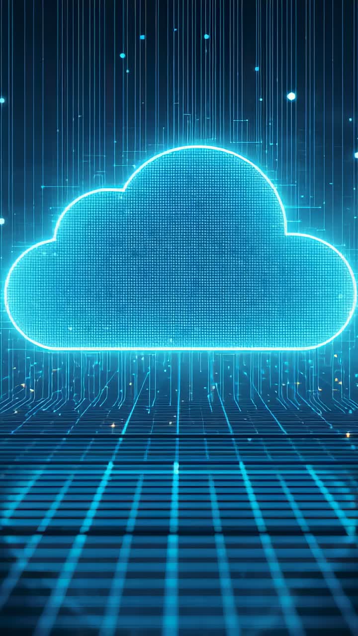 Vertical video: Falling data streams sparking glowing cloud hologram showing flow over circuit grid