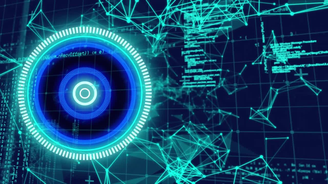 Animation of circular scope scanning with network of connections and information on black
