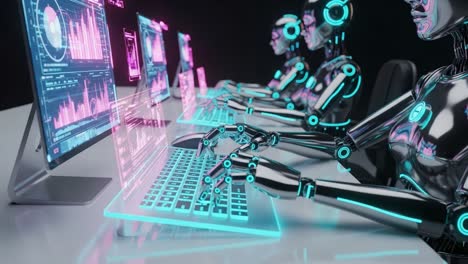 futuristic insight: a team of advanced robots analyzing data in a high-tech environment with interactive interfaces and digital displays