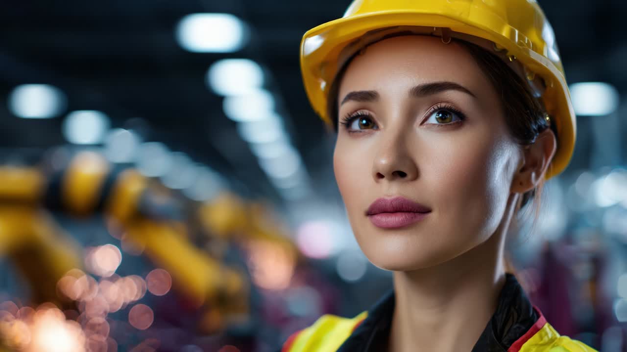 A confident young woman wearing a hard hat and safety gear stands strong in a modern industrial setting, showcasing determination and professionalism amidst robotic machinery and sparks in the background