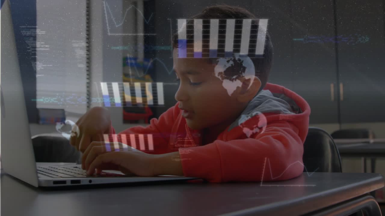 Student typing on laptop in classroom, initiating animated charts and map overlays for education