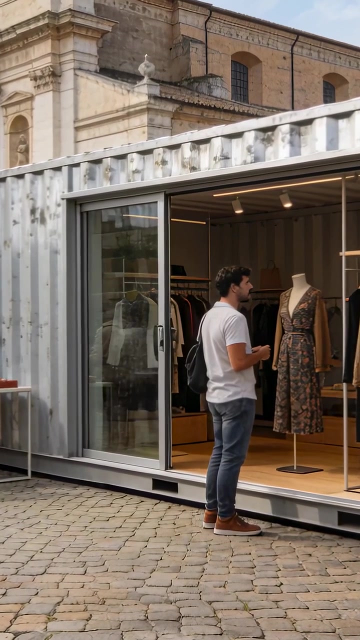 Video verticale: Porta che si apre, uomo in maglietta con telefono che controlla un manichino per comprare vestiti, container.