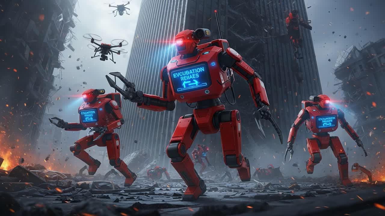 A squad of advanced red robots equipped with cutting-edge technology navigates a post-apocalyptic urban landscape, ensuring safety and enforcing evacuation protocols amidst chaos.