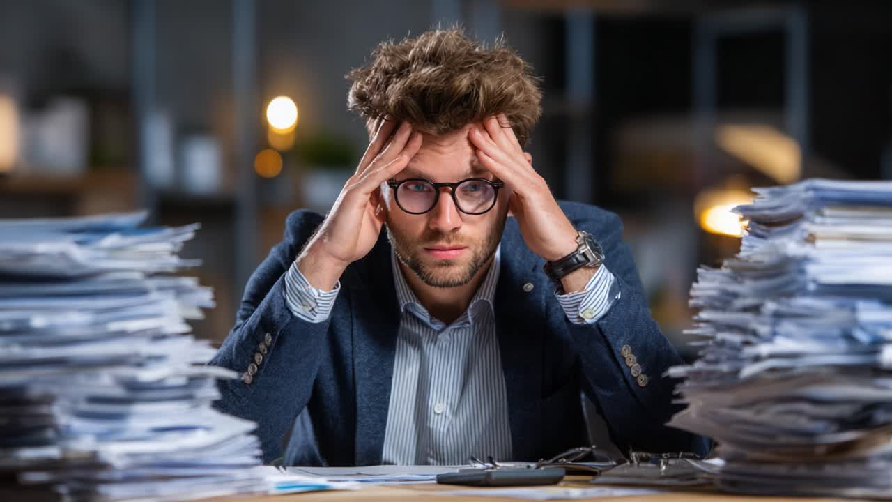 A Stressed Professional Overwhelmed by Work: Navigating the Pressure of Deadlines and Paperwork in a Chaotic Office Environment with Piles of Documents