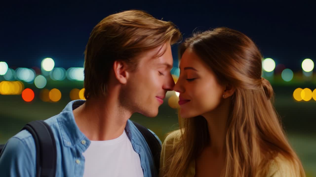 A Romantic Encounter: A Couple Sharing an Intimate Moment Under the Night Sky Filled with Colorful Lights, Symbolizing Love and Connection Amidst a Dreamy Atmosphere