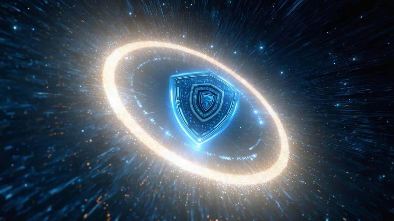 An Abstract Journey Through a Digital Universe: A Futuristic Shield Surrounded by Cosmic Energy and Bright Particles in Motion Against a Dark Background