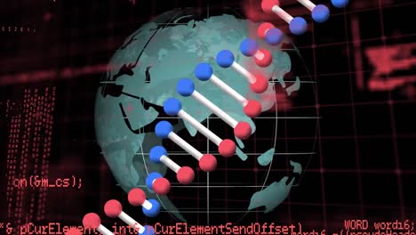 Animation-of-dna-strand,-globe-and-data-processing-over-black-background