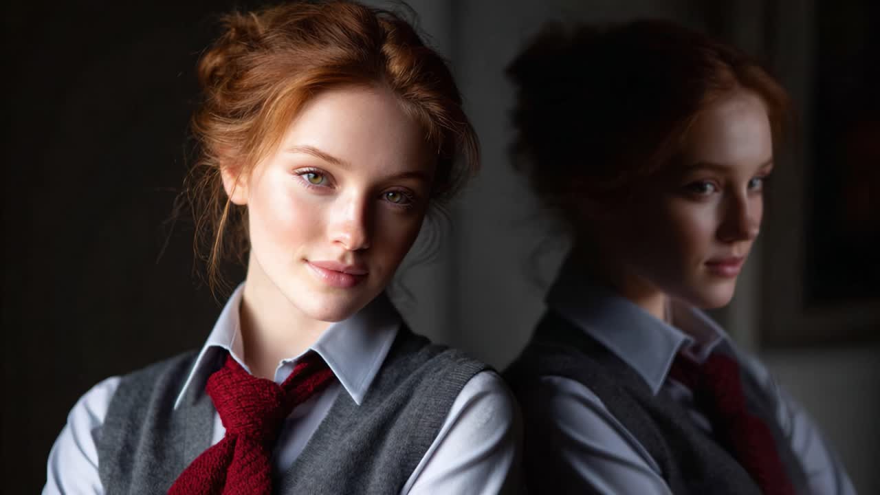 A young woman with striking red hair and a thoughtful expression, dressed in a formal outfit, poses in an elegant setting with soft light highlighting her features