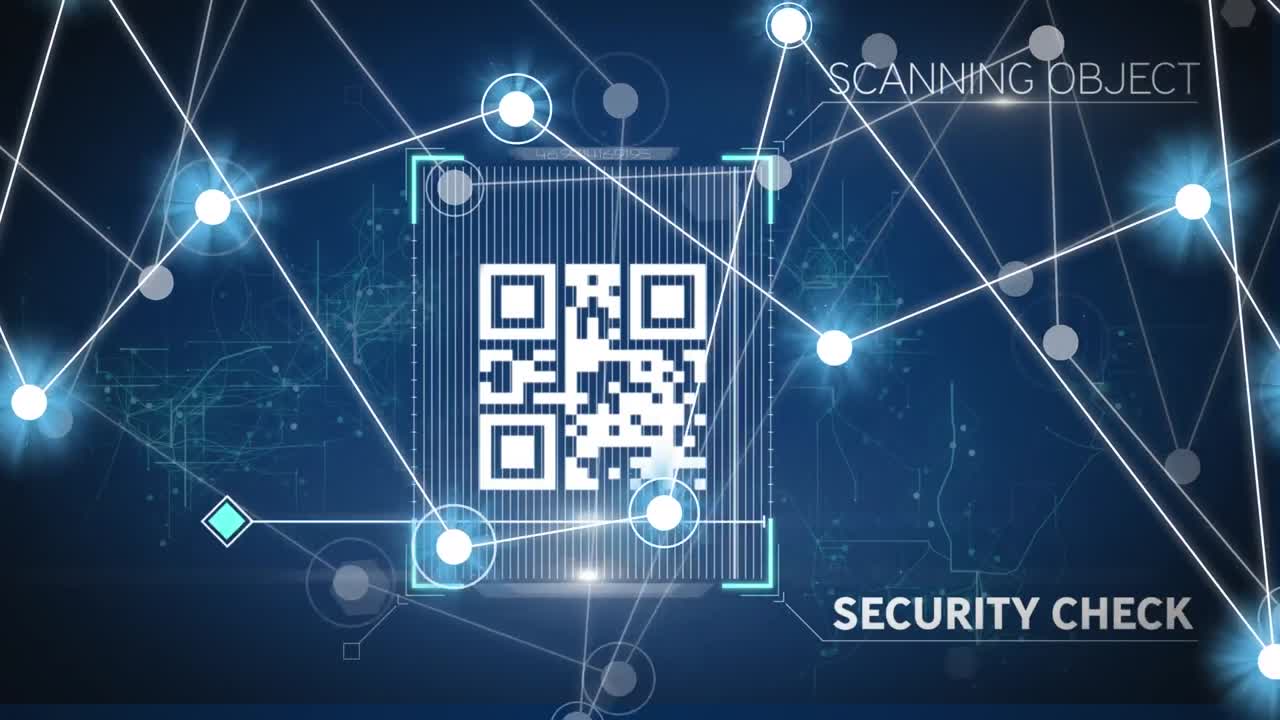 Animation of glowing network of connections over qr code scanner against blue background