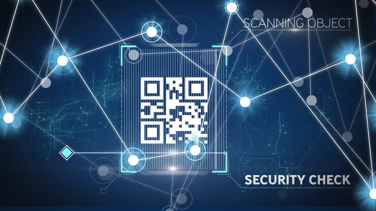 Animation of glowing network of connections over qr code scanner against blue background