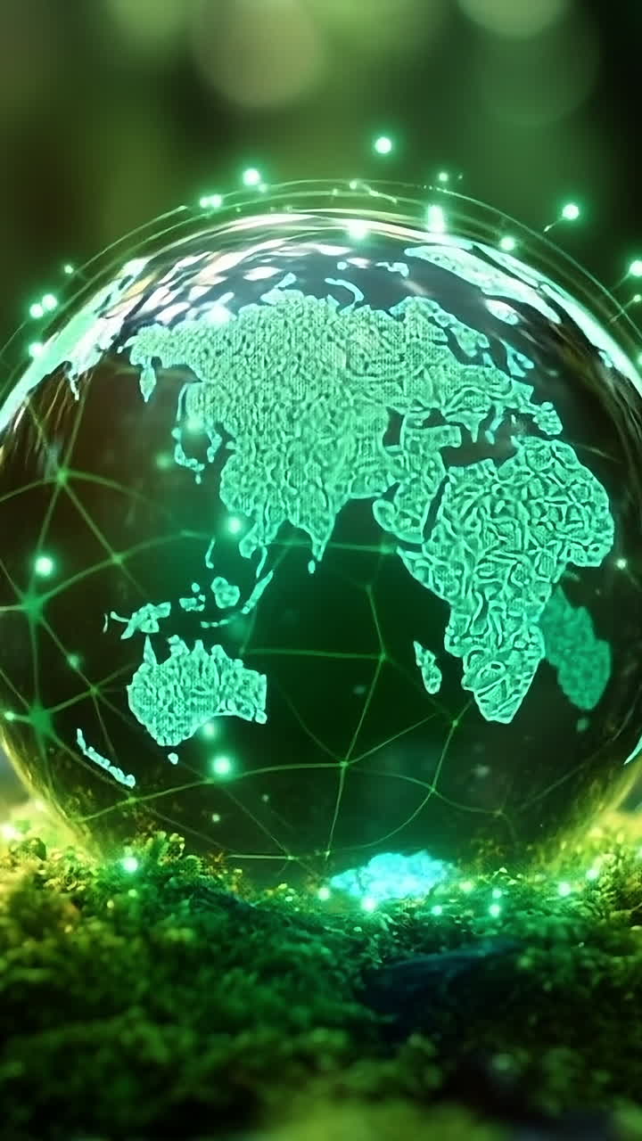 Globo digitale circondato da piante verdi. Un globo luminoso con una mappa del mondo immerso in una vegetazione lussureggiante, a simboleggiare la sostenibilità e la connessione con la natura