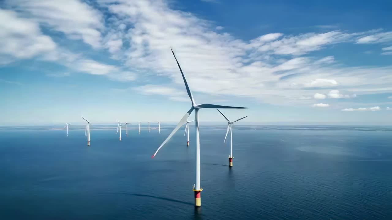 Aerial video of offshore wind turbines against a vast ocean backdrop, showcasing renewable energy