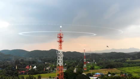 drone shot aerial view scenic landscape of communication tower with nature agriculture farm at rural countryside place