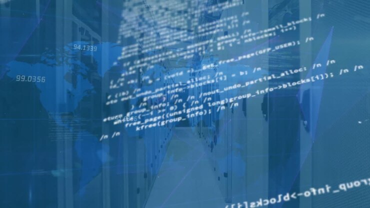 Animation of data processing over world map and plexus networks against computer server room