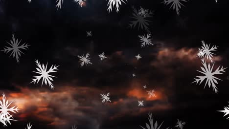 Animation-Von-Weihnachtsschneeflocken,-Die-über-Wolken-Auf-Schwarzem-Hintergrund-Fallen