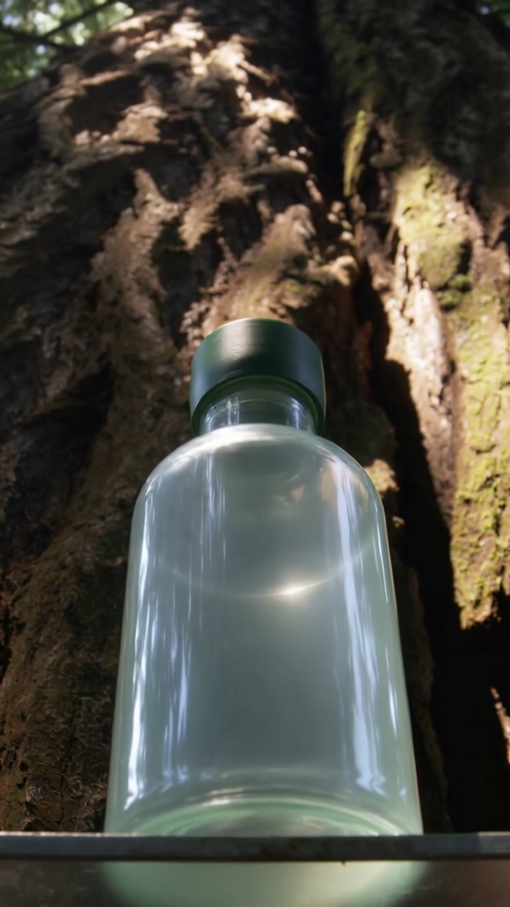 Vertical video: Shifting camera showing clear bottle with green cap at tree base, capturing light