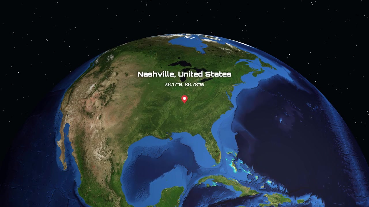 Animación digital que se acerca desde el espacio profundo a un marcador de ubicación específico en Nashville, Tennessee.