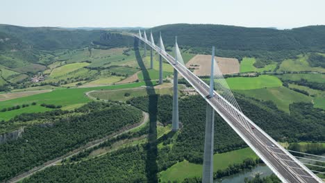 Ascending-Drone-,-aerial-,-view-from-air-The-Millau-Viaduct,-cable-stayed-bridge-France