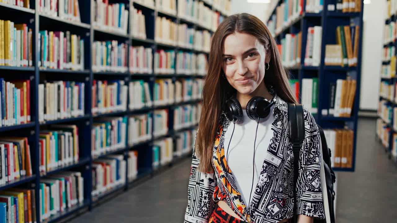 Studente felice in una biblioteca.