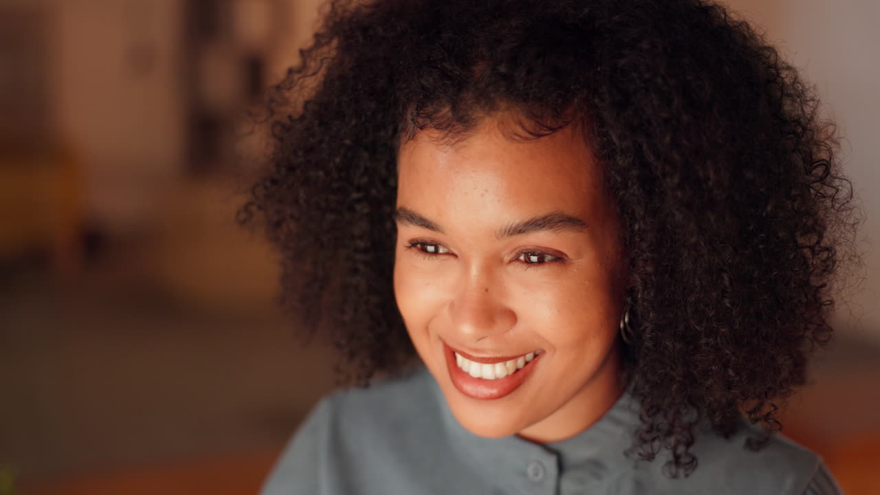 Night, smile and computer with black woman