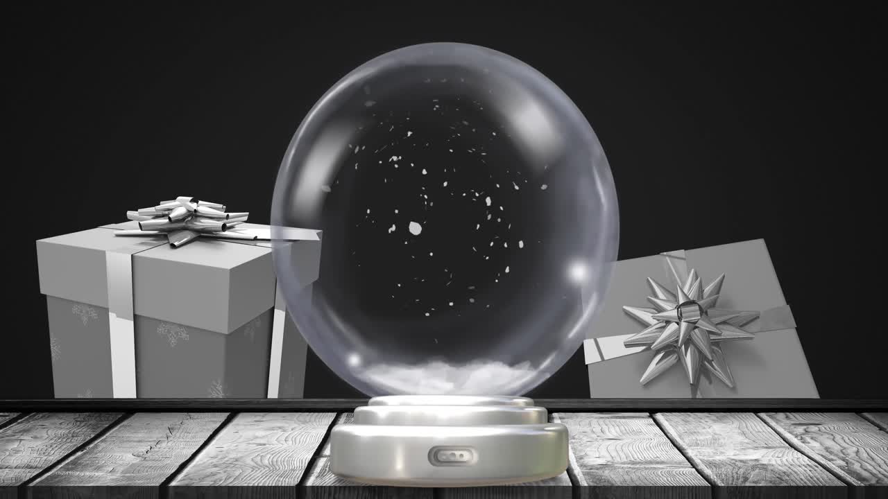 анимация рождественского снежного глобуса с падающим снегом и подарками на черном фоне.